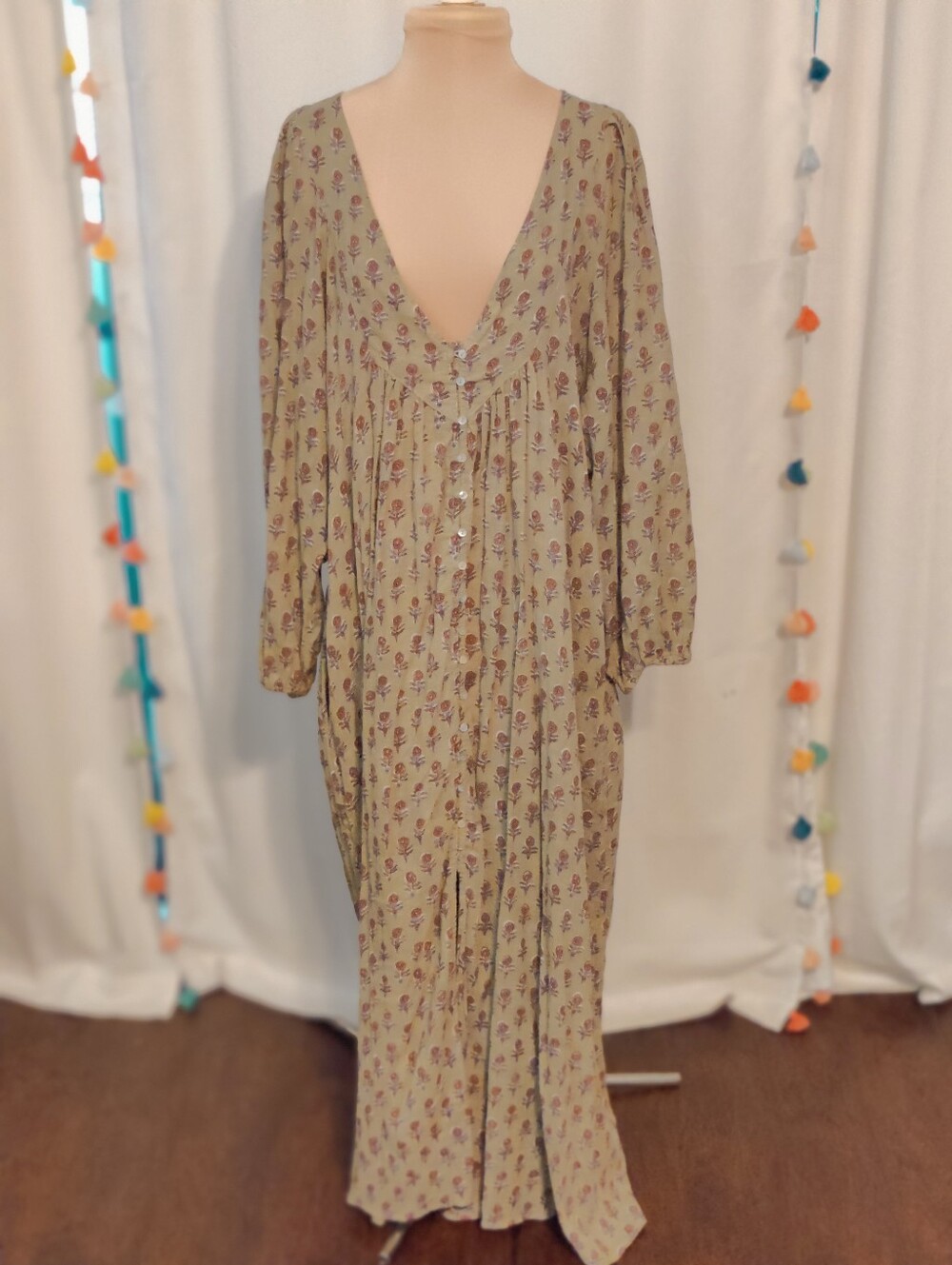 Dreamy India Cotton Gauze Billowy Block Print Maxi Dress Soft Natural green LG